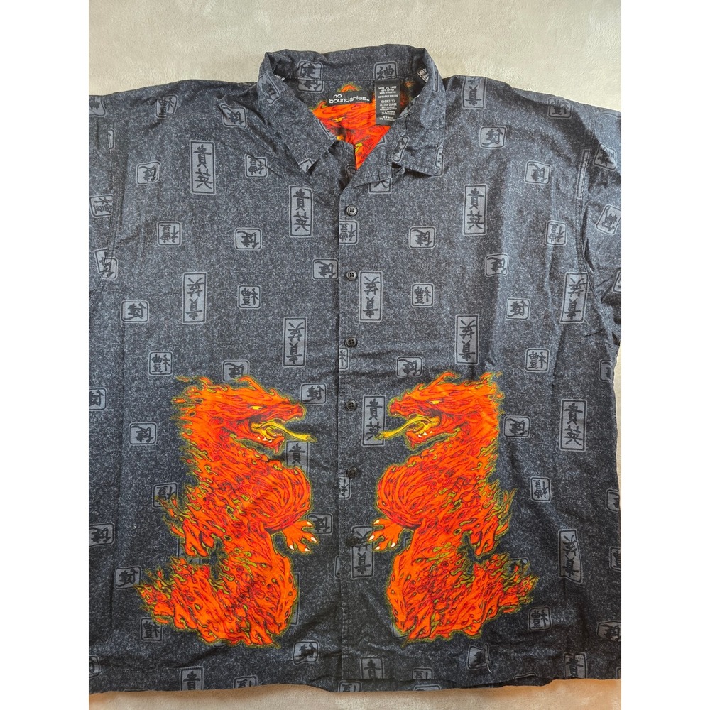 No‎ Boundaries Shirt Mens 3XL Gray Dragon Button Up Graphic